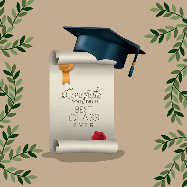 Cartão de formatura com diploma e chapéu —  Vetores de Stock