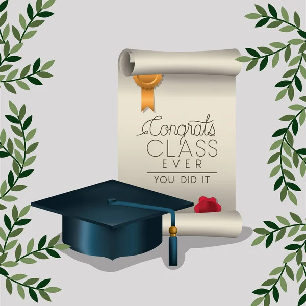 卒業証書と帽子と卒業祝いカード — ストックベクタ