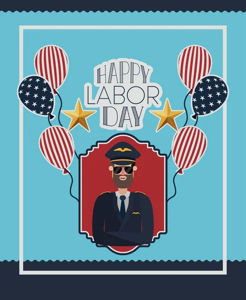 Tarjeta del día del trabajo feliz con piloto y bandera de EE.UU. — Vector de stock
