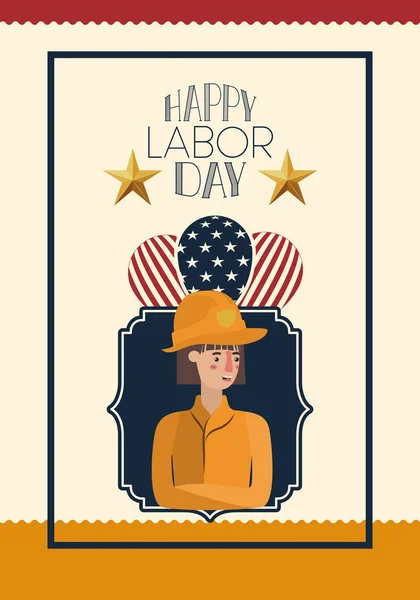 Tarjeta del día del trabajo feliz con bombero y bandera de EE.UU. — Vector de stock