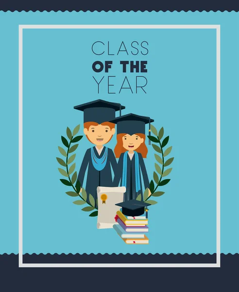 Tarjeta de graduación con graduados en pareja — Vector de stock