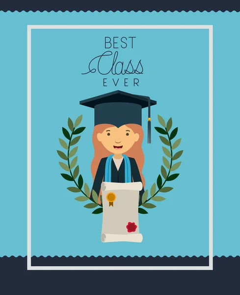 Tarjeta de graduación con carácter de mujer — Vector de stock