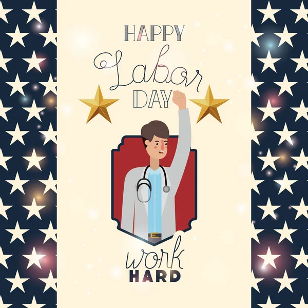 डॉक्टर आणि यूएसए ध्वज आनंदी कामगार दिवस कार्ड — स्टॉक व्हेक्टर