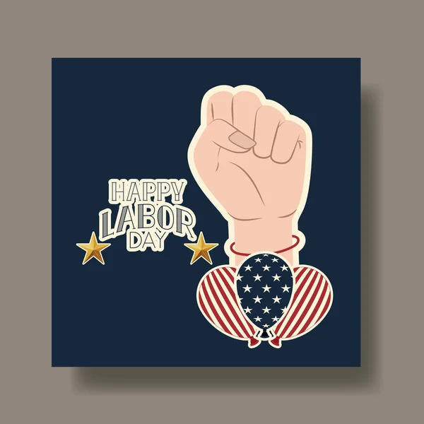 Tarjeta del día del trabajo feliz con puño de mano y bandera de EE.UU. — Vector de stock