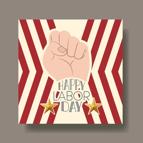 Tarjeta del día del trabajo feliz con puño de mano y bandera de EE.UU. — Vector de stock