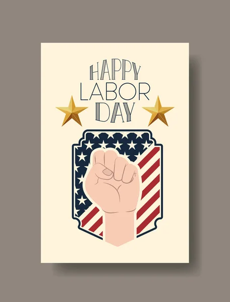Happy labor day card with hand fist and usa flag — стоковый вектор