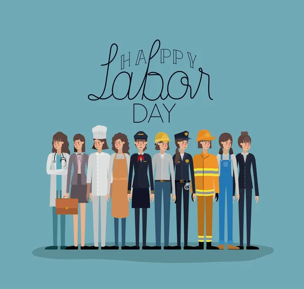 Happy Ημέρα της εργασίας κάρτα με εργαζόμενες γυναίκες — Διανυσματικό Αρχείο