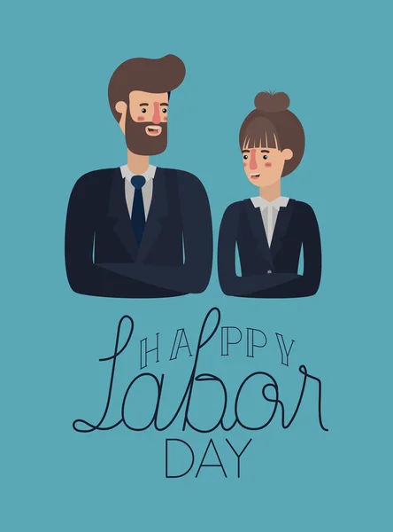 Tarjeta del día del trabajo feliz con los trabajadores pareja — Vector de stock