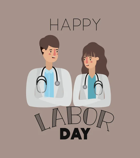 Tarjeta del día del trabajo feliz con los trabajadores pareja — Vector de stock