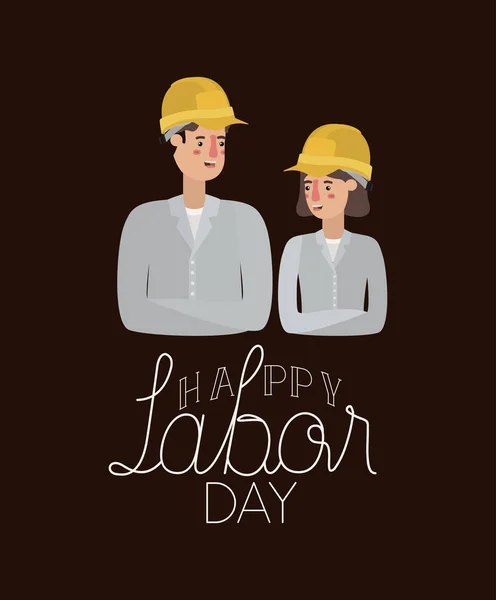 Carta di giorno di lavoro felice con coppia di lavoratori — Vettoriale Stock