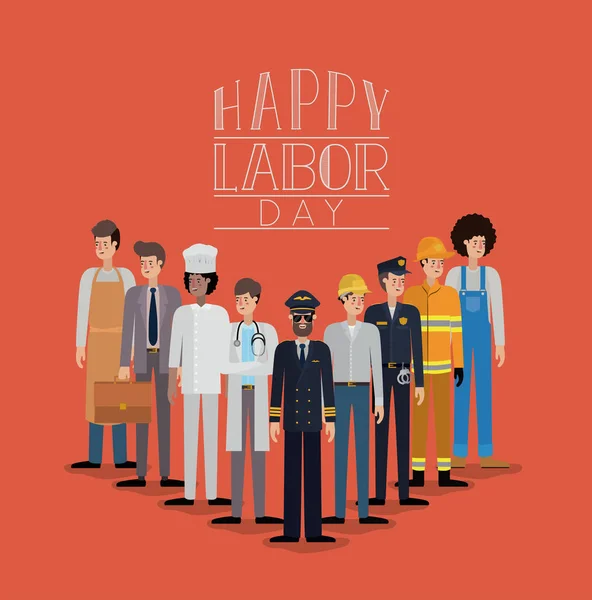 Щаслива листівка робочого дня з працівниками — стоковий вектор