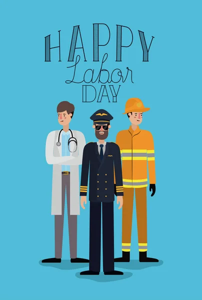 Happy labor day card with workers — Stock Vector
