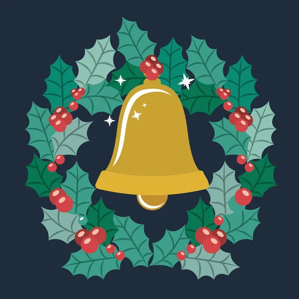 Campana de oro y corona de diseño de Feliz Navidad — Vector de stock