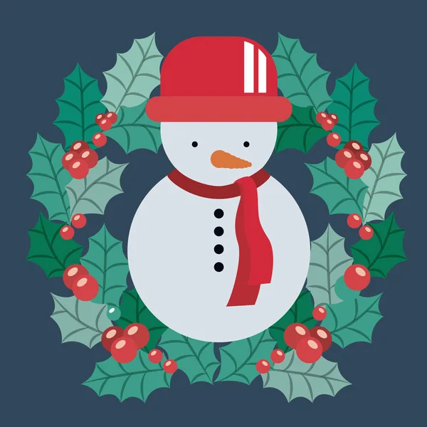 Снеговик и венок Веселого Рождества — стоковый вектор