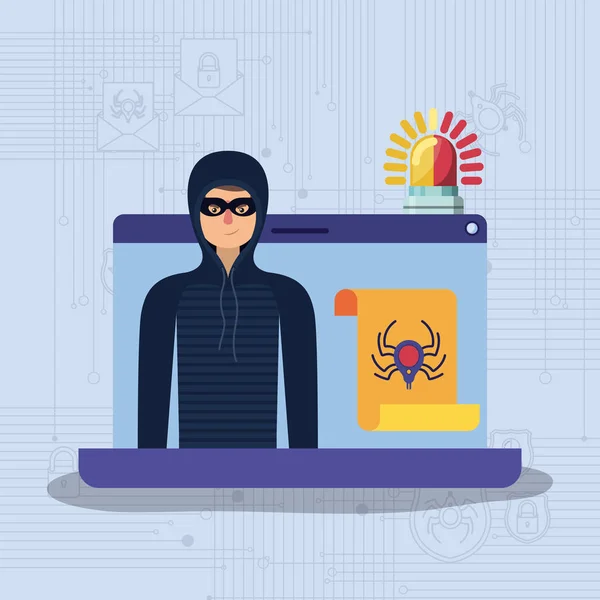 Cyber security med laptop och hacker — Stock vektor