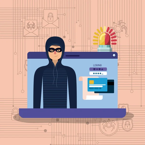 Segurança cibernética com laptop e hacker —  Vetores de Stock
