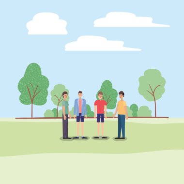 Grup park karakterleri üzerinde yürüyen adam