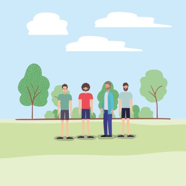 Grup park karakterleri üzerinde yürüyen adam