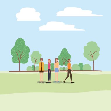 park karakterleri üzerinde yürüyen kadın grubu