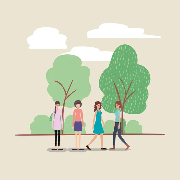 Group of women walking on the park characters — Stock Vector