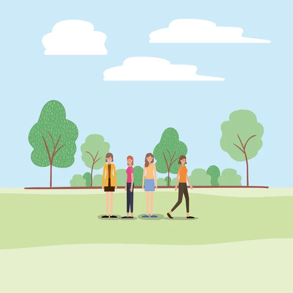 Group of women walking on the park characters — Stock Vector