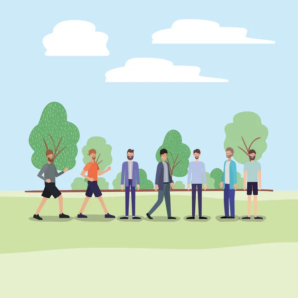 Group of men walking on the park characters — Stock Vector