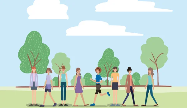 Groupe de femmes marchant sur les personnages du parc — Image vectorielle