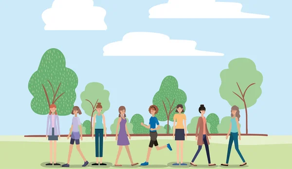 Grupo de mujeres caminando sobre los personajes del parque — Vector de stock