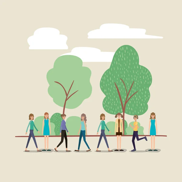 Group of women walking on the park characters — Stock Vector