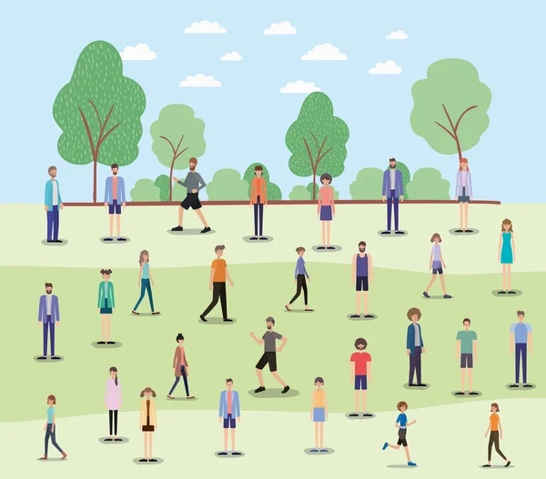 Grupo de personas caminando y corriendo en los personajes del parque — Vector de stock