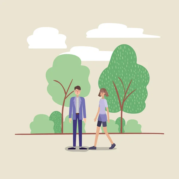 Young Couple Walking Park Vector Illustration Design — Stock Vector