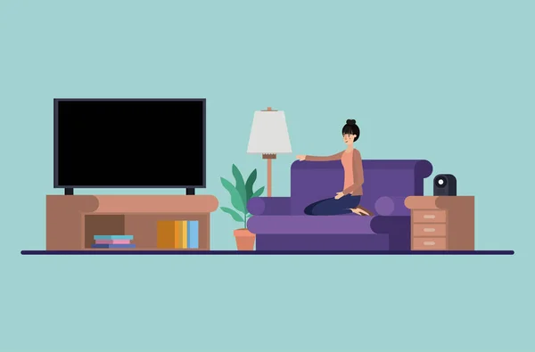 Jeune femme regarder la télévision sur le salon — Image vectorielle