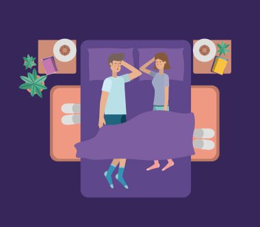 Genç çift yatak odası vektör çizim tasarımı üzerinde rahatlatıcı