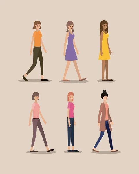 Group of women walking characters — Stock Vector