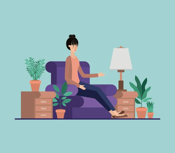 Junge Frau entspannt sich auf dem Wohnzimmer — Stockvektor