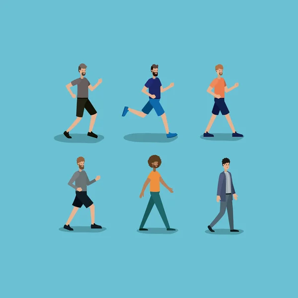 Grupo de hombres caminando y corriendo personajes — Archivo Imágenes Vectoriales