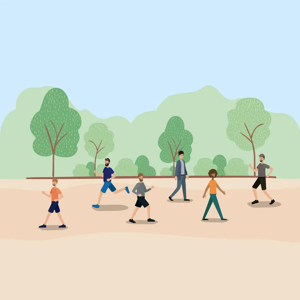 Group of men walking on the park characters — Stock Vector