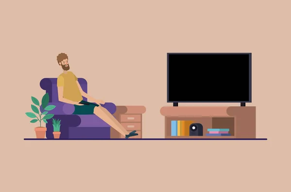 Young man watching tv on the livingroom — Stock Vector