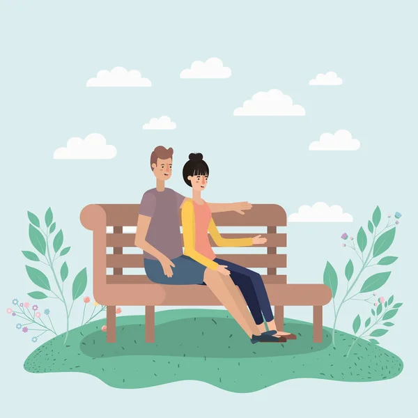 Young Couple Lovers Sitting Park Chair Vector Illustration Design — Stock Vector