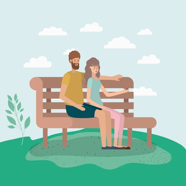 Jovem casal amantes sentados na cadeira do parque — Vetor de Stock