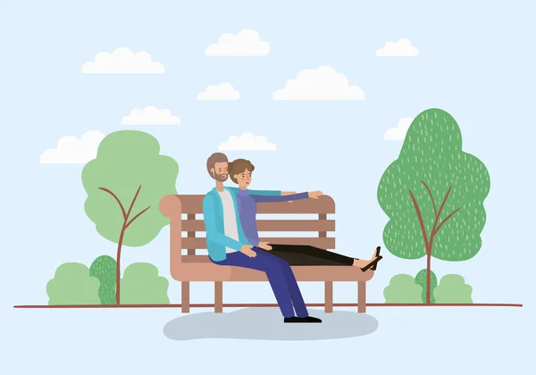 Joven pareja amantes sentado en parque silla — Vector de stock
