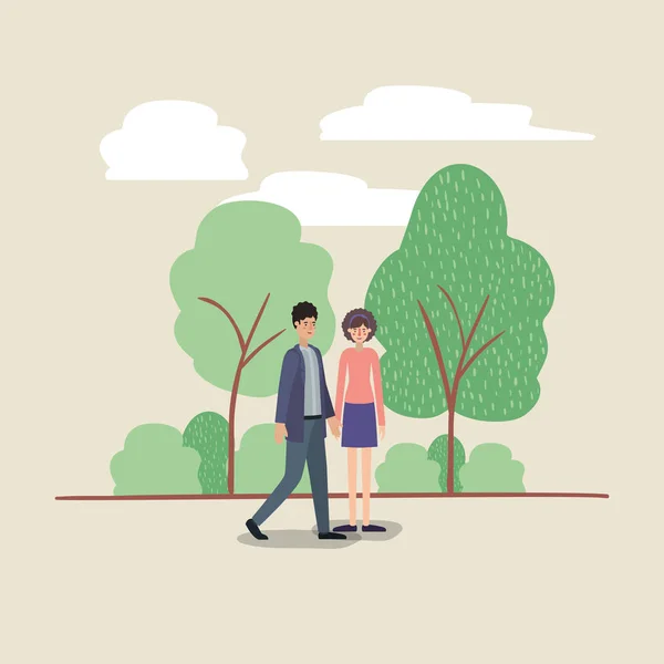 Pareja joven caminando por el parque — Vector de stock