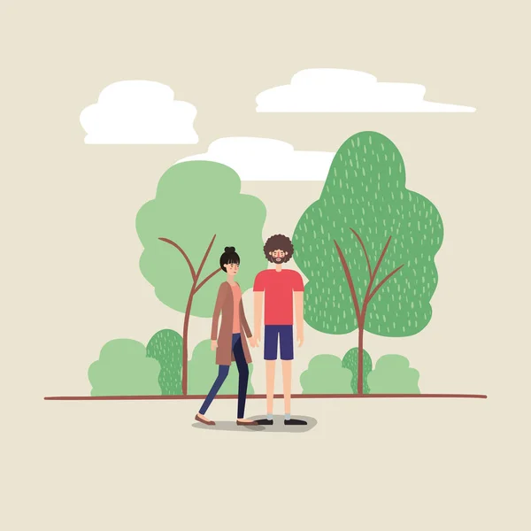 Genç çift üzerinde parkta yürüyüş — Stok Vektör