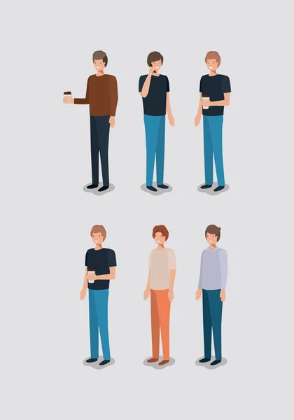 Grupo de hombres usando teléfono inteligente y beber café — Vector de stock