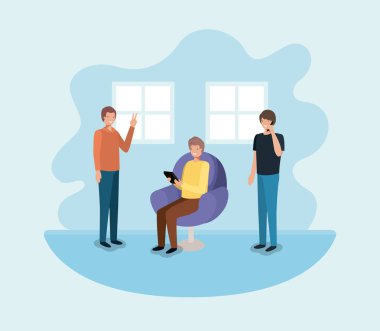 Grup içinde oturma teknolojisini kullanan adam