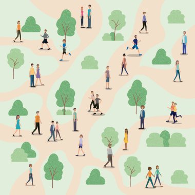 Grup yürüyüş ve park karakterleri üzerinde çalışan insan