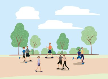 Grup yürüyüş ve park karakterleri üzerinde çalışan insan