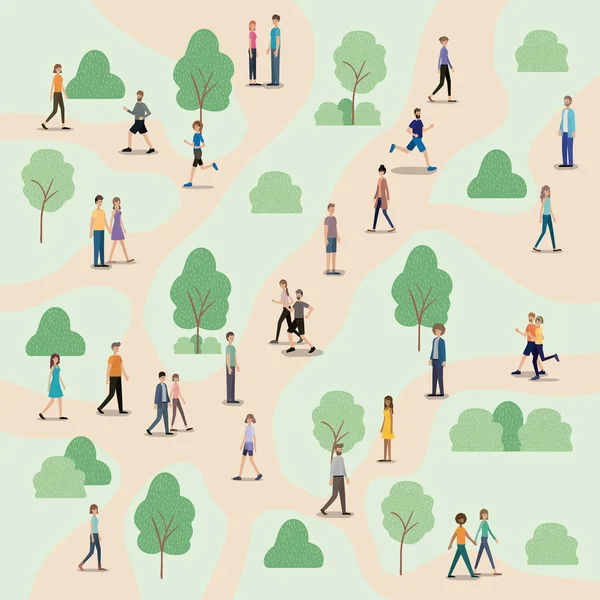 Grup yürüyüş ve park karakterleri üzerinde çalışan insan