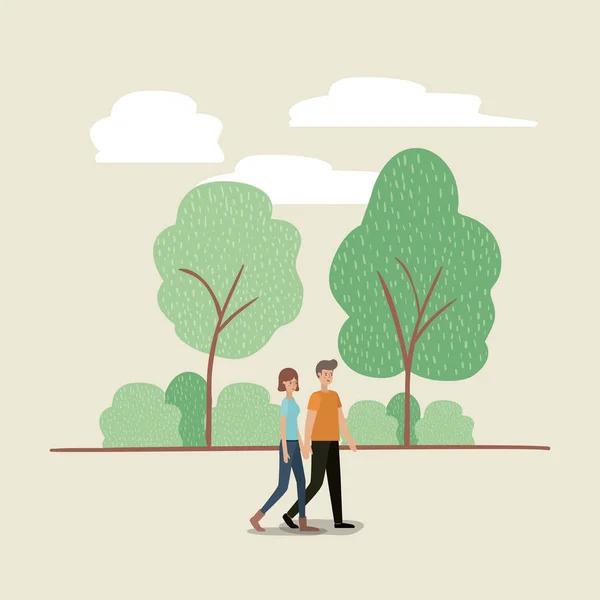 Genç çift üzerinde parkta yürüyüş — Stok Vektör