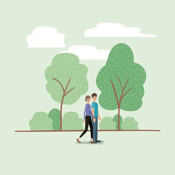 年轻夫妇在公园散步 — 图库矢量图片